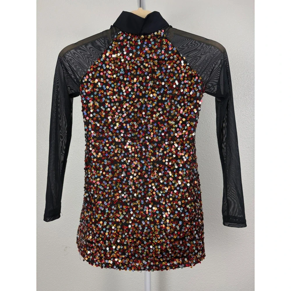 Balera Kids MC Multicolor Sequin Dance Costume Mesh Sleeve Cutout Back Dress